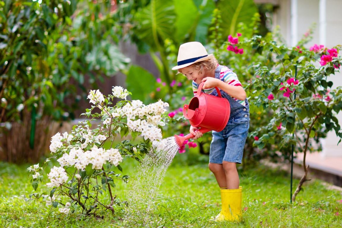 petite fille qui arrose une plante fleurie